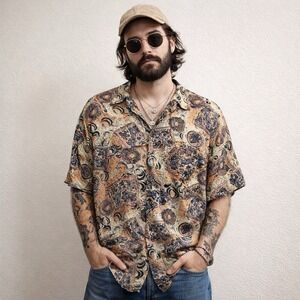 Vtg Goouch Mens Silk Shirt Sm Button Up Abstract Festival Jazz Hipster Hippie